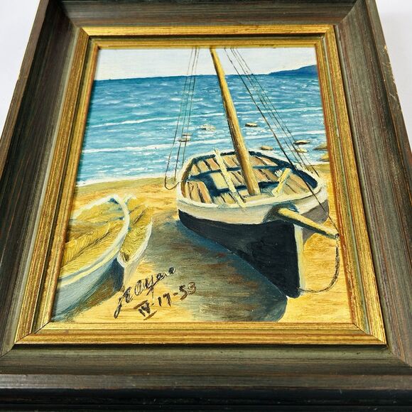 Vintage Sailboat on Beach Oil Painting Signed JE Ayers Framed 9X11" Dated 1953 - Picture 2 of 6